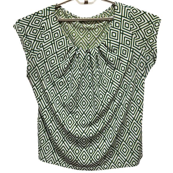 Worthington Blouse Women Plus 1X Green White Geometric VNeck Print Cap Sleeve - Picture 1 of 7